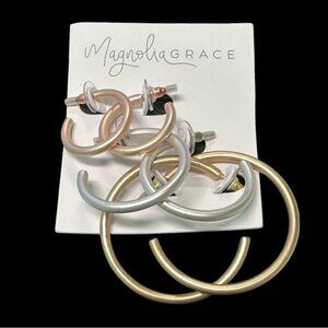 Set Of 3 Magnolia Grace Hoop Earrings In Gold Silver & Rose Gold Tones